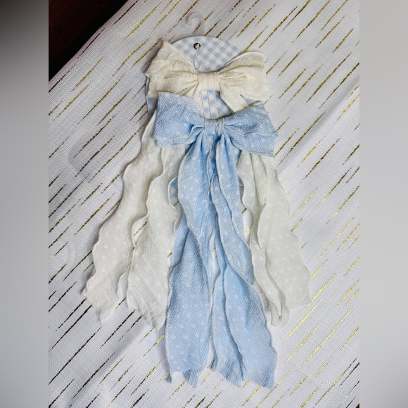 Cute White and Blue Ribbon Hair Bows - Picture 2 of 4